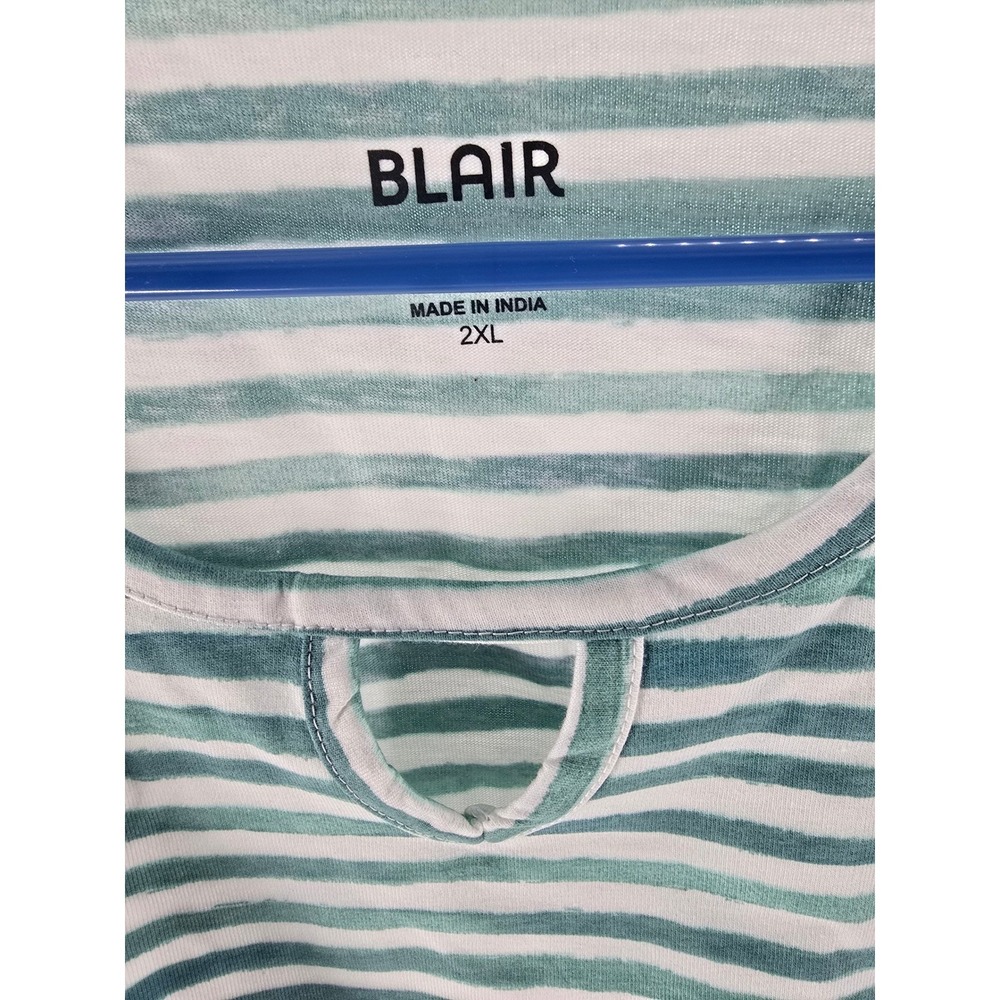 Blair Womens 2XL Teal White Striped 3/4 Sleeve Keyhole Scoop Neck Knit Top - Picture 2 of 9
